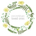 Green vector wreath frame made from twigs and leaves of eucalyptus, boxwood, flowers of yellow dahlia and fern isolated on white Royalty Free Stock Photo