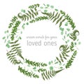 Green vector wreath frame made from twigs and leaves of eucalyptus, boxwood and fern isolated on white background. For wedding in Royalty Free Stock Photo