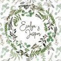 Green vector wreath frame made from twigs and leaves. Forest fern, herbs, eucalyptus, branches boxwood, buxus, brunia, botanical Royalty Free Stock Photo