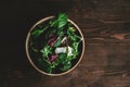 Green vegan Breakfast in a bowl with various leaves, top view. Clean eating, dieting, vegan schematic diagram of the food.