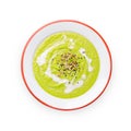 Green Vegan Broccoli Cream Soup with Cashew Milk and Seed Mix, Detox Healthy Eating on White Background