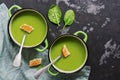 Green vegan cream spinach soup in small pots on a dark background. Top view, space for text Royalty Free Stock Photo