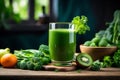 Green vegetable juice in glass among fresh ingredients. Generative AI