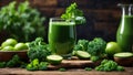 Green vegetable juice in glass among fresh ingredients. Generative AI