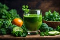 Green vegetable juice in glass among fresh ingredients. Generative AI