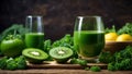 Green vegetable juice in glass among fresh ingredients. Generative AI