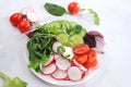 Green vegetable salad with cherry tomatoes, cucumber, radish and fresh arugula, detox diet. Healthy natural breakfast for weight Royalty Free Stock Photo