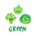 Green vegetables cartoon characters on white