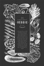 Green vegetables design template. Hand drawn vector food illustration on chalk board. Engraved style vegetable frame. Retro