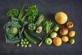 Green vegetables and exotic fruits
