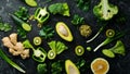 Green vegetables, fruits and nuts avocado, broccoli, pistachios, parsley, celery, cucumber and kiwi. Royalty Free Stock Photo