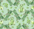 Green vegetables and garden`s herb, asparagus, green salad, thyme. Hand drawn seamless pattern