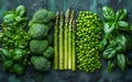 Green vegetables and herbs on dark background top view Royalty Free Stock Photo