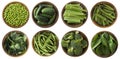 Green vegetables isolated on a white background. Brocoli, green peas, cucumbers and leaves parsley, celery, spinach in wooden bowl