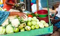 Green vegetables at the local market, Puttaparthi, India. With selective focus