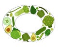 Green vegetables oval frame, boxing, bordering. card template. Text, copy space. vector flat Spinach, Dandelion, broccoli, Romaine Royalty Free Stock Photo