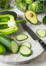 Green vegetables on a wooden cooking board. Royalty Free Stock Photo