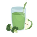 Green vegetarian smoothie with broccoli and green apple. Isolated flat vector illustration
