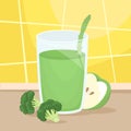 Green vegetarian smoothie with broccoli and green apple. Isolated flat vector illustration