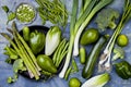 Green veggies group. Vegetarian dinner ingredients. Green vegetables variety. Overhead, flat lay, top view.