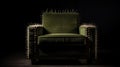 A green velvet chair with spikes on the arms, AI