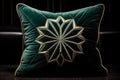 Green Velvet Pillow With Gold trimmings, on dark background