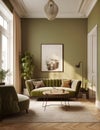 Green velvet sofa and armchair against of green wall. Interior design of classic living room. Created with generative AI