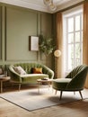 Green velvet sofa and armchair in room with paneling walls. Interior design of classic living room. Created with generative AI