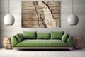 Green velvet sofa near concrete wall with stone poster. Interior design of modern living room. Created with generative AI