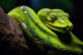 A green venomous snake on a tree