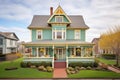 green victorian with porch, bay windows, and trimmed hedges