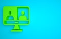 Green Video chat conference icon isolated on blue background. Computer with video chat interface active session on Royalty Free Stock Photo