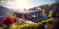 Green villa in forest, modern mansion with solar panels on roof at sunset. Sustainable house with energy saving technology in Royalty Free Stock Photo