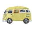 Green vintage camper van. Groovy retro bus car. Childrens illustration, watercolor in nostalgic cartoon style for