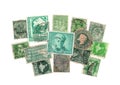 Green vintage postage stamps from India. Royalty Free Stock Photo