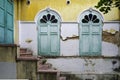 Green vintage wooden window on brick wall Royalty Free Stock Photo