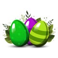 Green violet Easter striped eggs with polka dots with green leaves on background. Vector for design