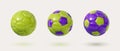 Green and violet, purple glossy football balls isolated design elements on white background. Colorful soccer balls Royalty Free Stock Photo