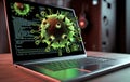 Green virus on a laptop screen with code in the background Royalty Free Stock Photo
