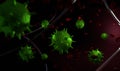 Green virus molecula and red blood cells 3d render