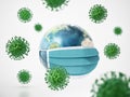 Green viruses around the Earth with face mask. 3D illustration