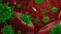 Green viruses attacking red blood cells in vessel. Royalty Free Stock Photo