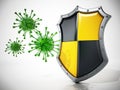 Green viruses and shield isolated on white background. 3D illustration