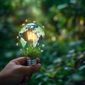 Green vision Light bulb adorned with world map on nature background