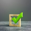 Green voting tick in a box. Checkbox. Democratic elections, referendum. The right to choose, change of power. Necessary quality Royalty Free Stock Photo