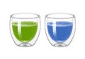 Green vs blue matcha. Butterfly pea blue tea, japanese green tea drink. Glass double wall cup. Sketch. Illustration in Royalty Free Stock Photo