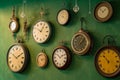 Green wall clocks. Generate Ai Royalty Free Stock Photo