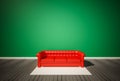 Green wall and dark wood floor, with red sofa and white carpet, 3d renderd