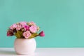 Green wall with flower pink rose on shelf white wood, Royalty Free Stock Photo