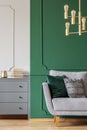 Green wall, grey Scandinavian couch and wooden chest of drawers in elegant living room interior Royalty Free Stock Photo